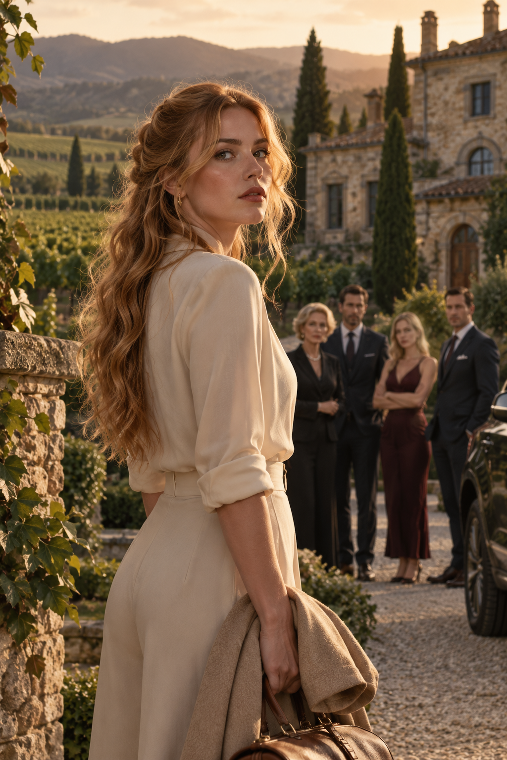 Lena looks back over her shoulder at the Bellamy family gathered outside their vineyard estate at golden hour