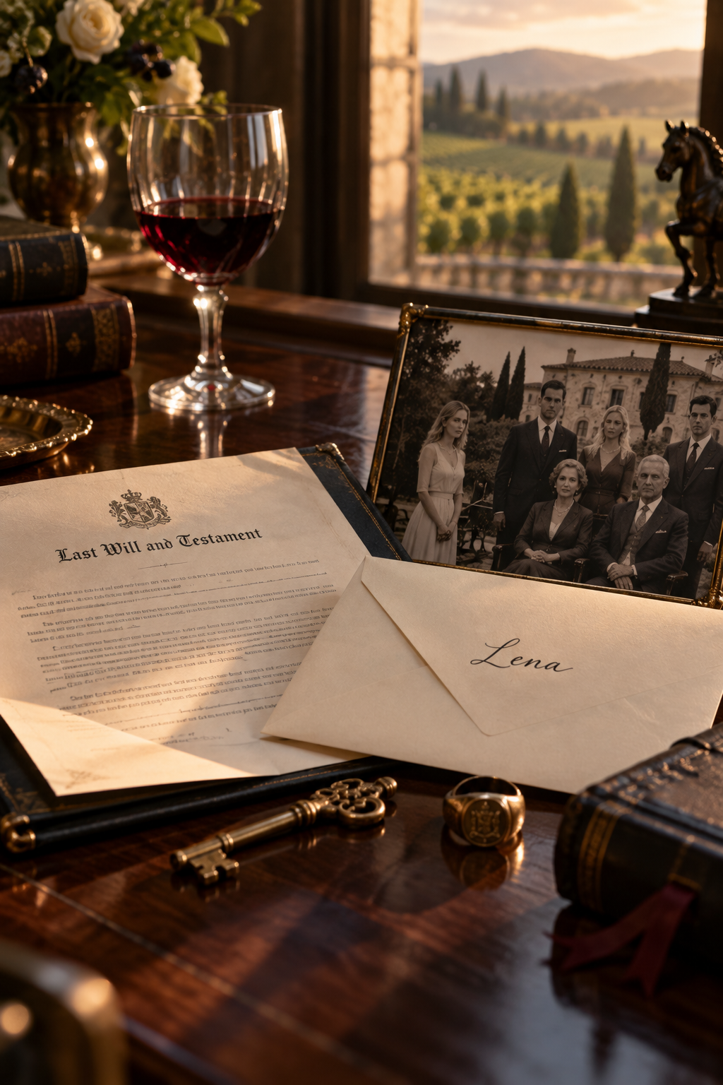 A last will and testament, an envelope addressed to Lena, a Bellamy family photograph, a key and a signet ring on a desk overlooking the vineyard