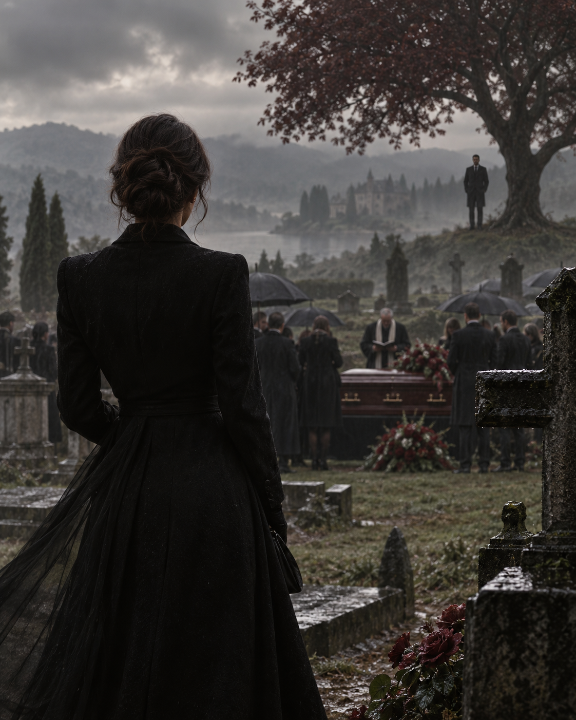Mara in black at a funeral, watching a man standing alone beneath a distant tree