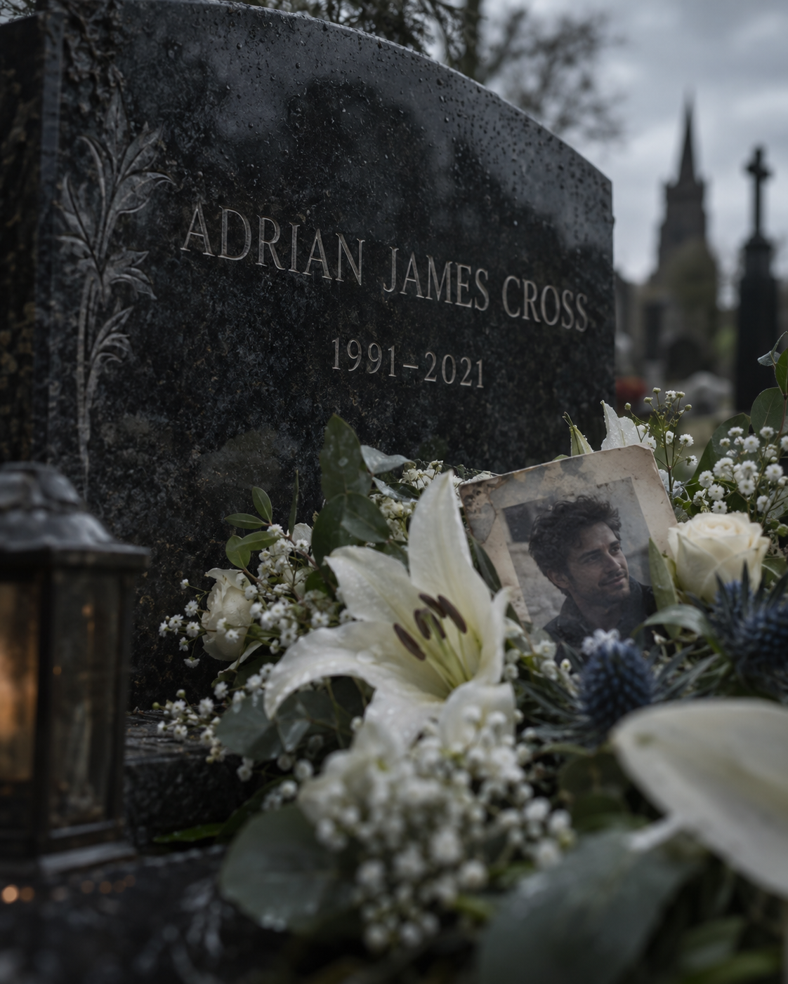 Headstone reading Adrian James Cross, 1991–2021, with fresh flowers and a memorial photograph