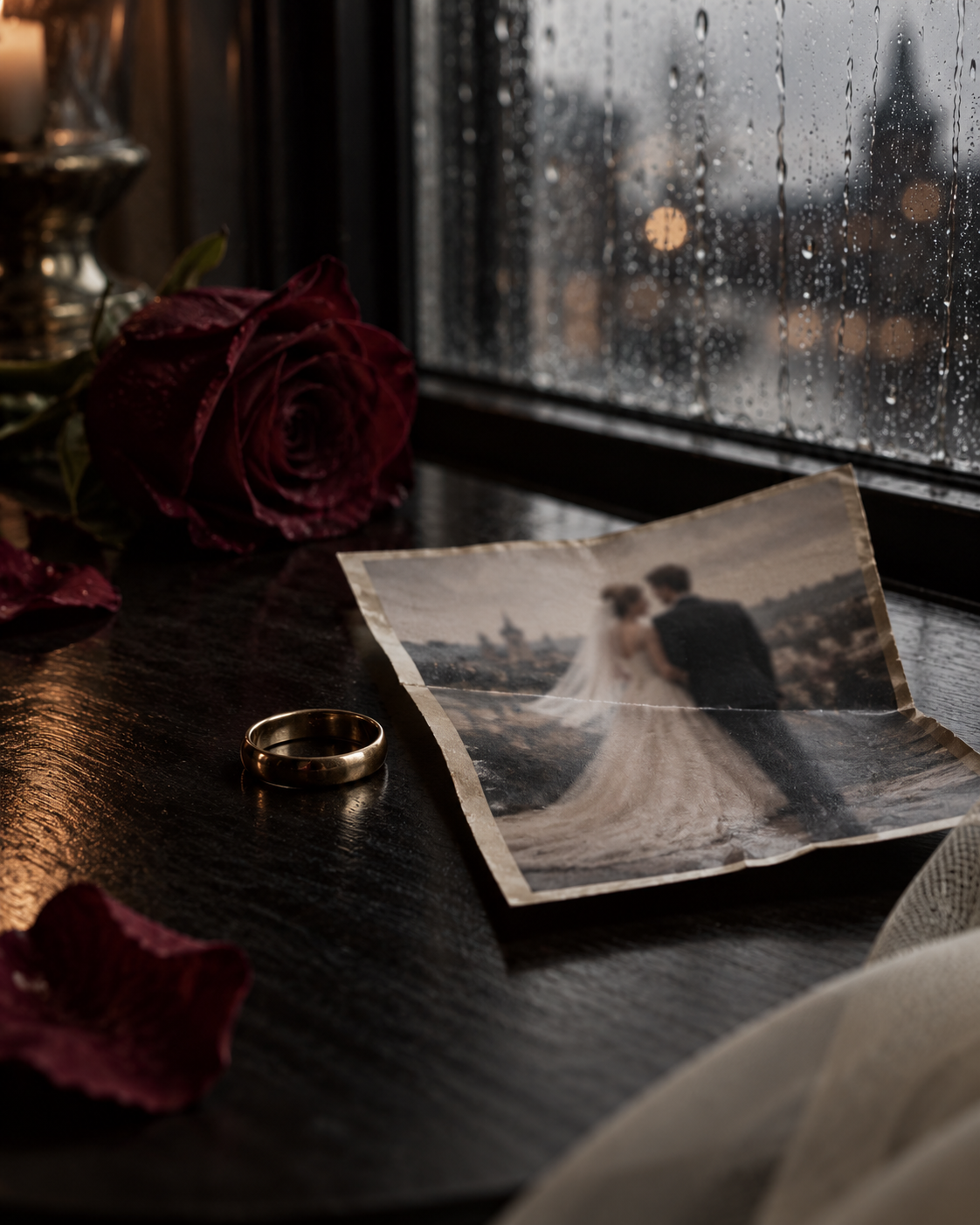 A wedding ring beside a folded wedding photograph at a rain-streaked window