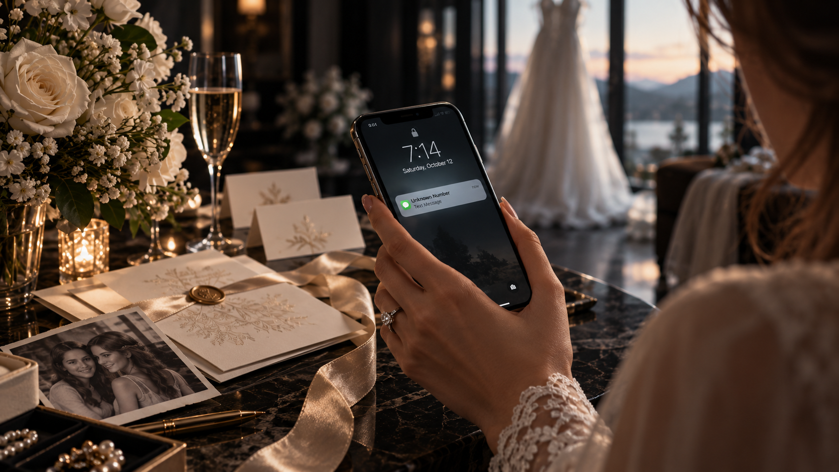 A bride holds a phone showing a text from an unknown number, beside wedding invitations and a photograph of two sisters