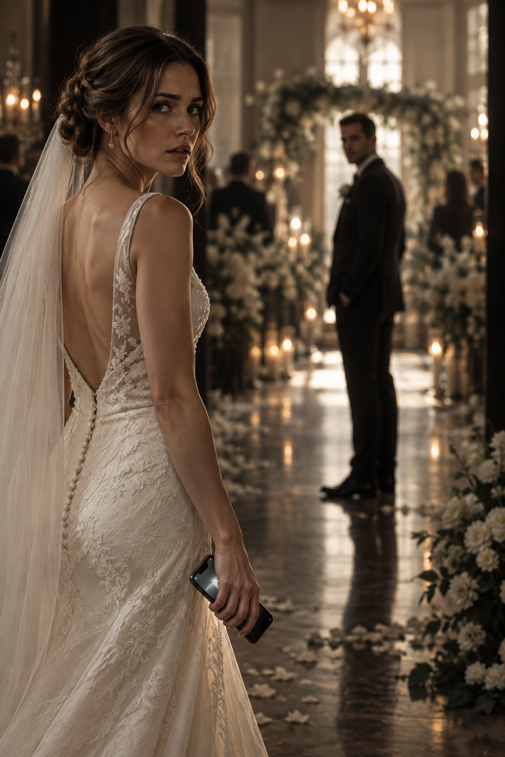 A bride in her gown looks back over her shoulder, phone in hand, as her fiancé waits at the far end of the aisle