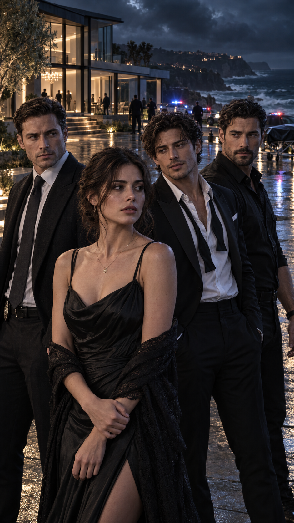 Sienna stands in front of Luca, Rowan and Theo outside the rain-soaked coastal estate as police lights flash behind them