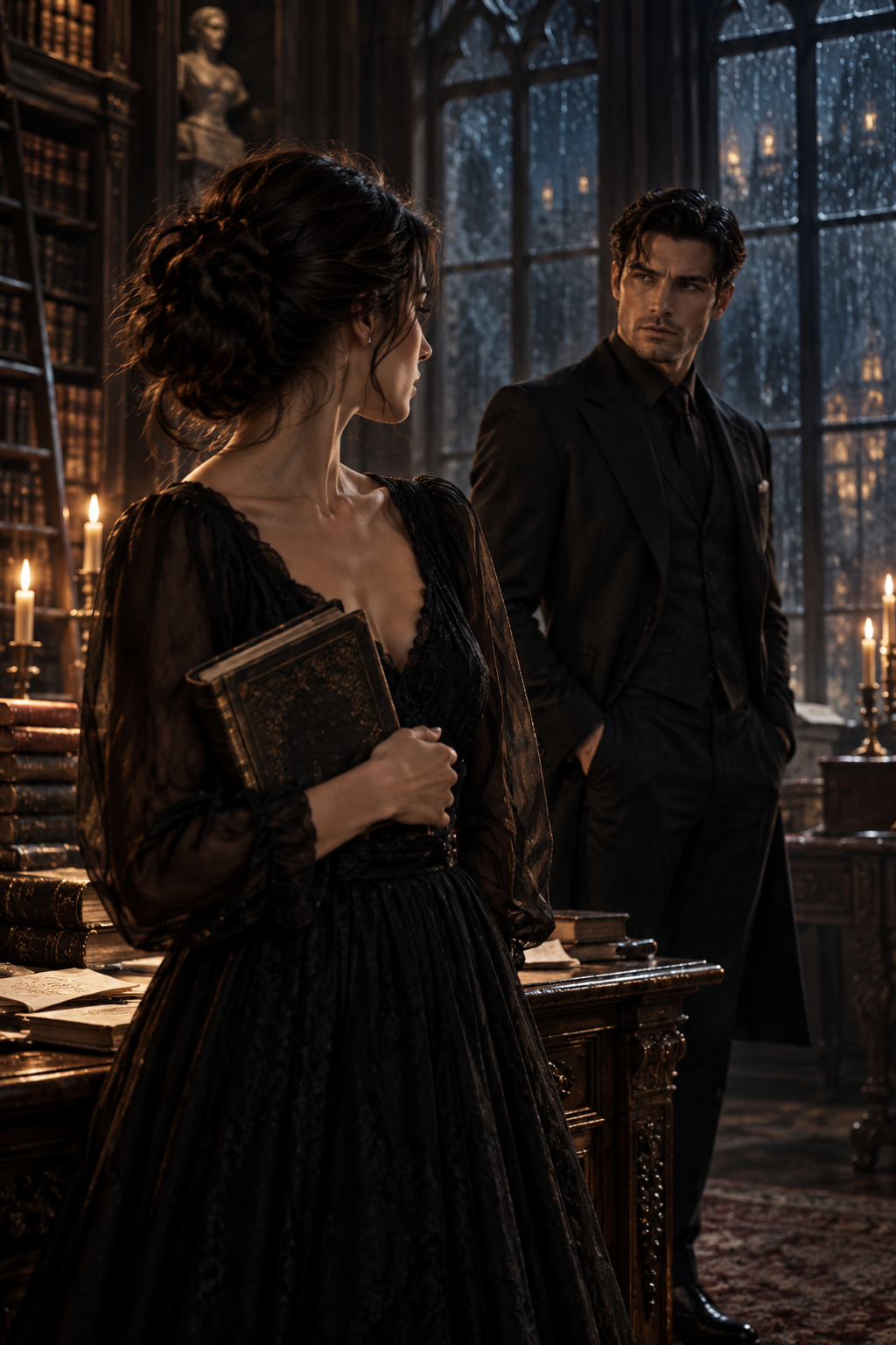 Maeve, holding a book, looks back at Dorian across a candlelit library as rain streaks the windows