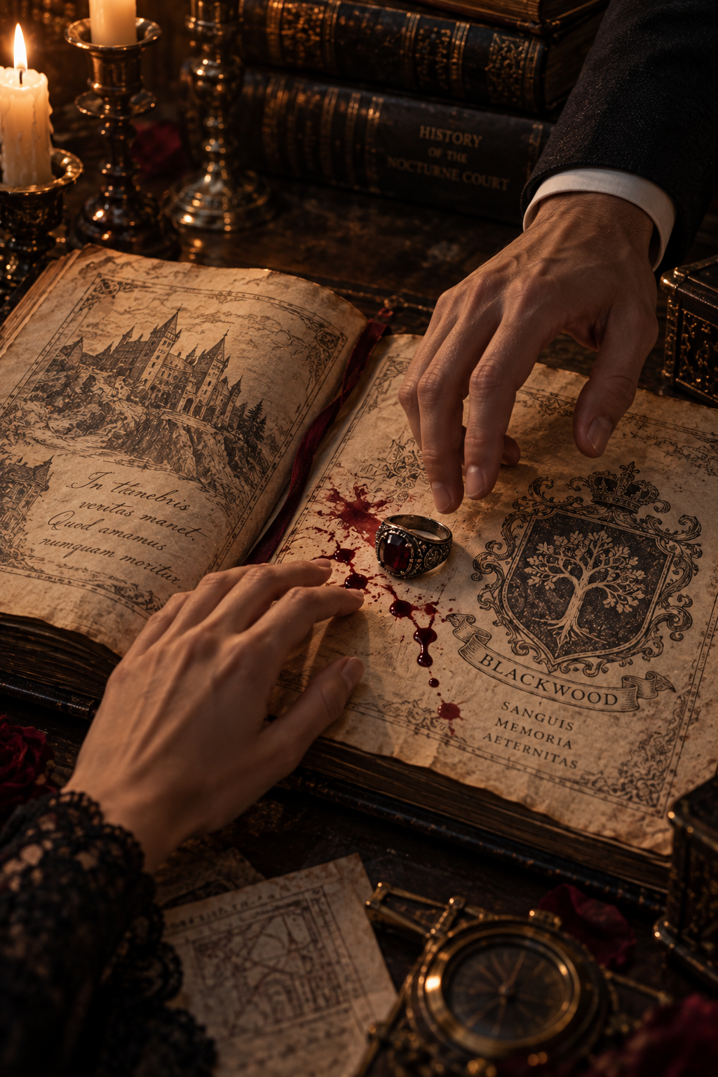 Two hands reach for a Blackwood ring on an ancient manuscript bearing the family crest