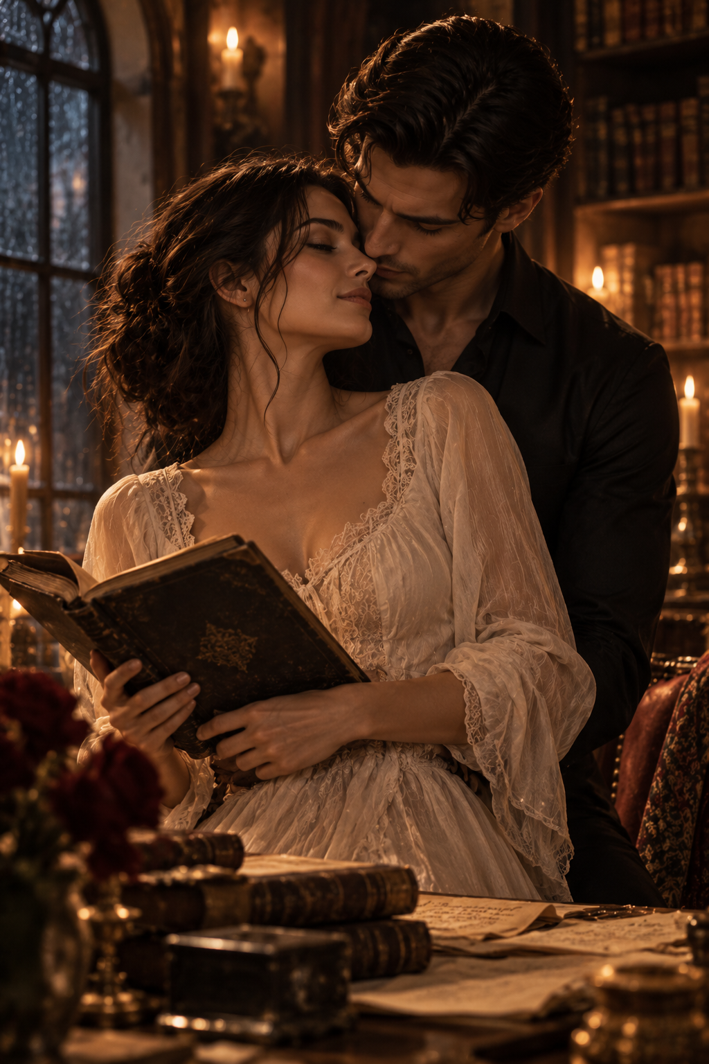 Maeve and Dorian in a warm, candlelit embrace in the archive — a memory he has lost