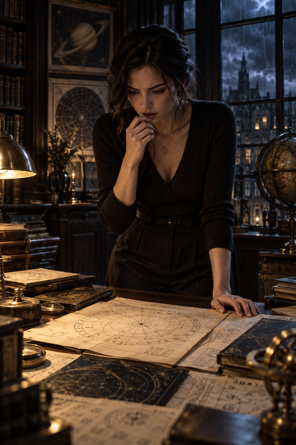 Elara and Cassian in the hidden archive, studying an old photograph above a Saturn manuscript