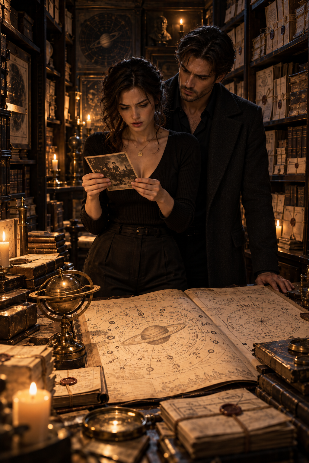 Elara and Cassian lean together over two birth charts on a desk