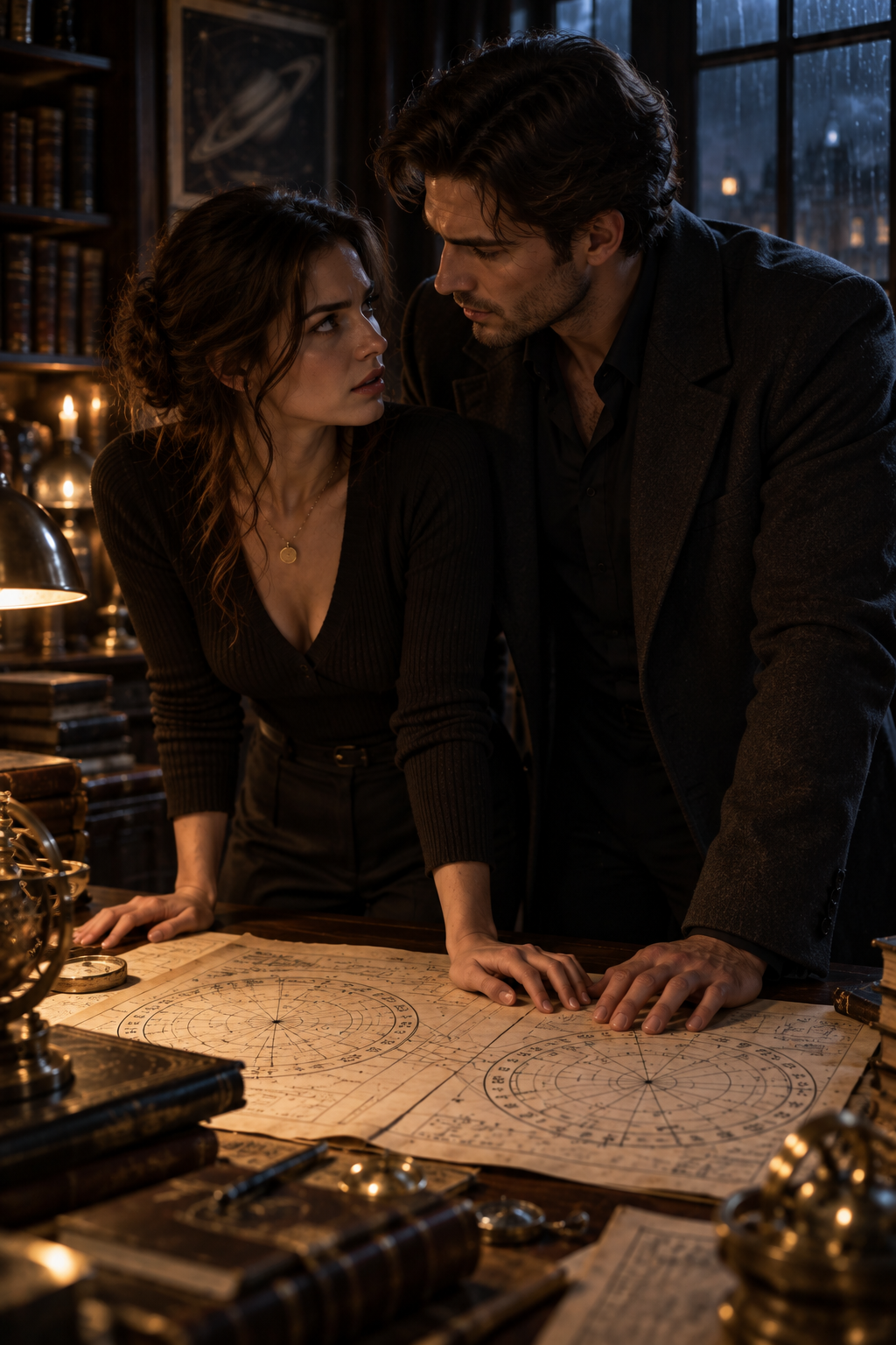 Elara leans over antique astrological charts in a lamplit study as rain streaks the window